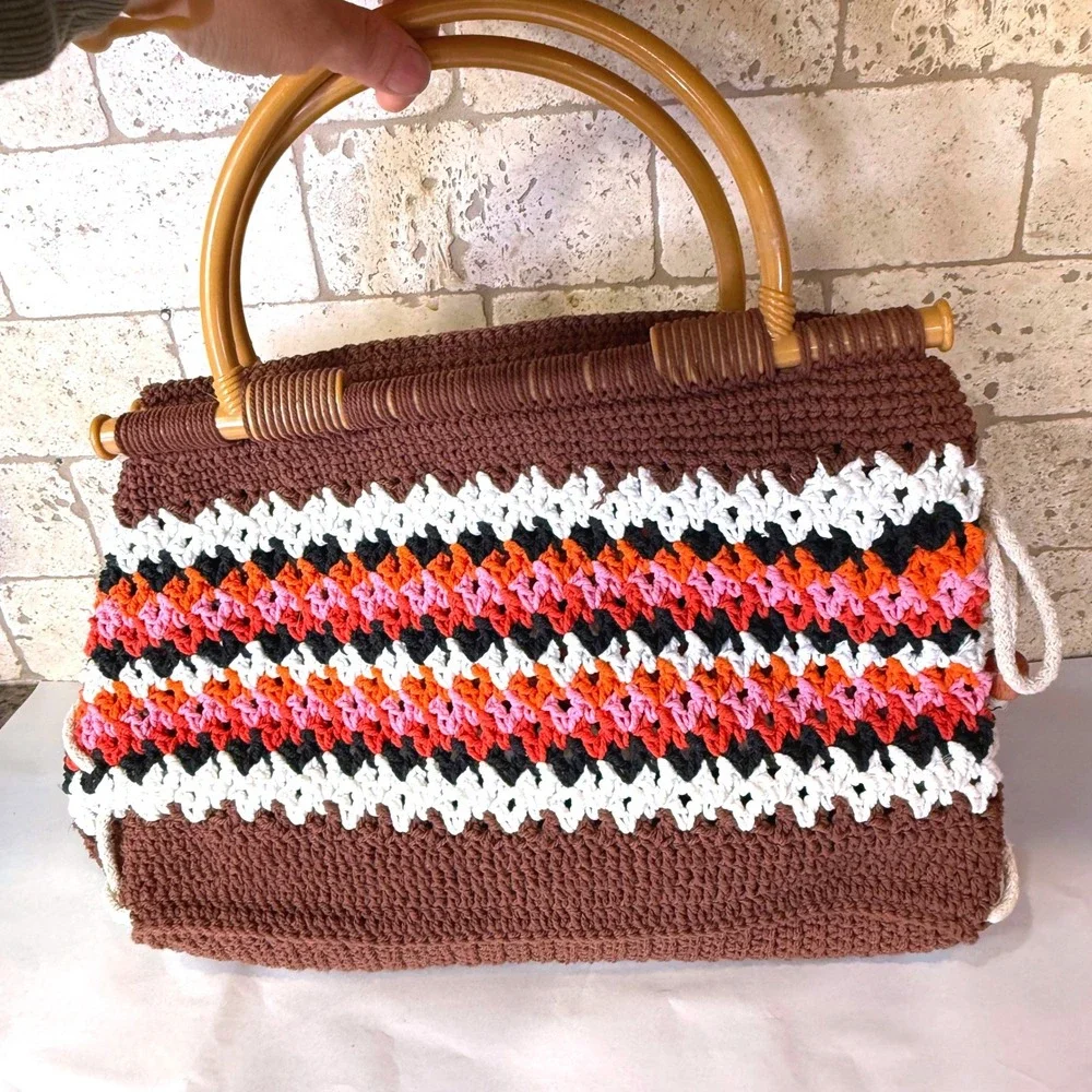 Vintage Handmade Crochet Handbag‎ Boho Hippie Purse Plastic Handles Retro